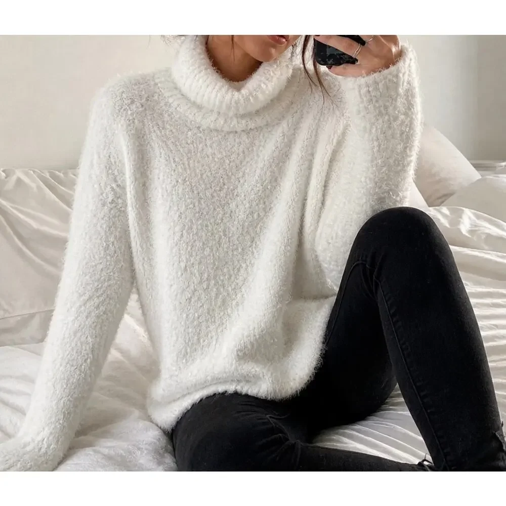 Aerie Offline Oversized Fuzzy Turtleneck Sweater Off White Cozy Soft Small